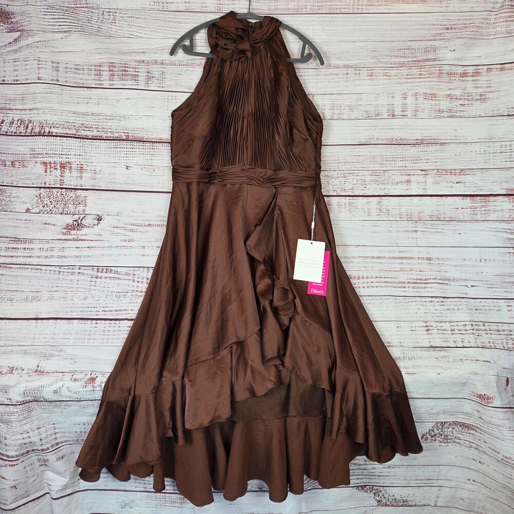 Mac Duggal Formal Tea-Length Dress 14 Cocoa Brown Asymmetric Pleated Ruffle NWT - Picture 4 of 16